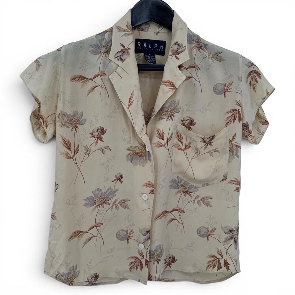 RALPH Ralph Lauren VTG Size 8 Silk Blend Blouse Collared Deep V-Neck Floral